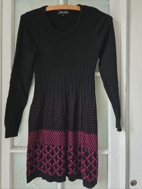 Anna Bella Black Knit Dress Pink Pattern Long Sleeve M